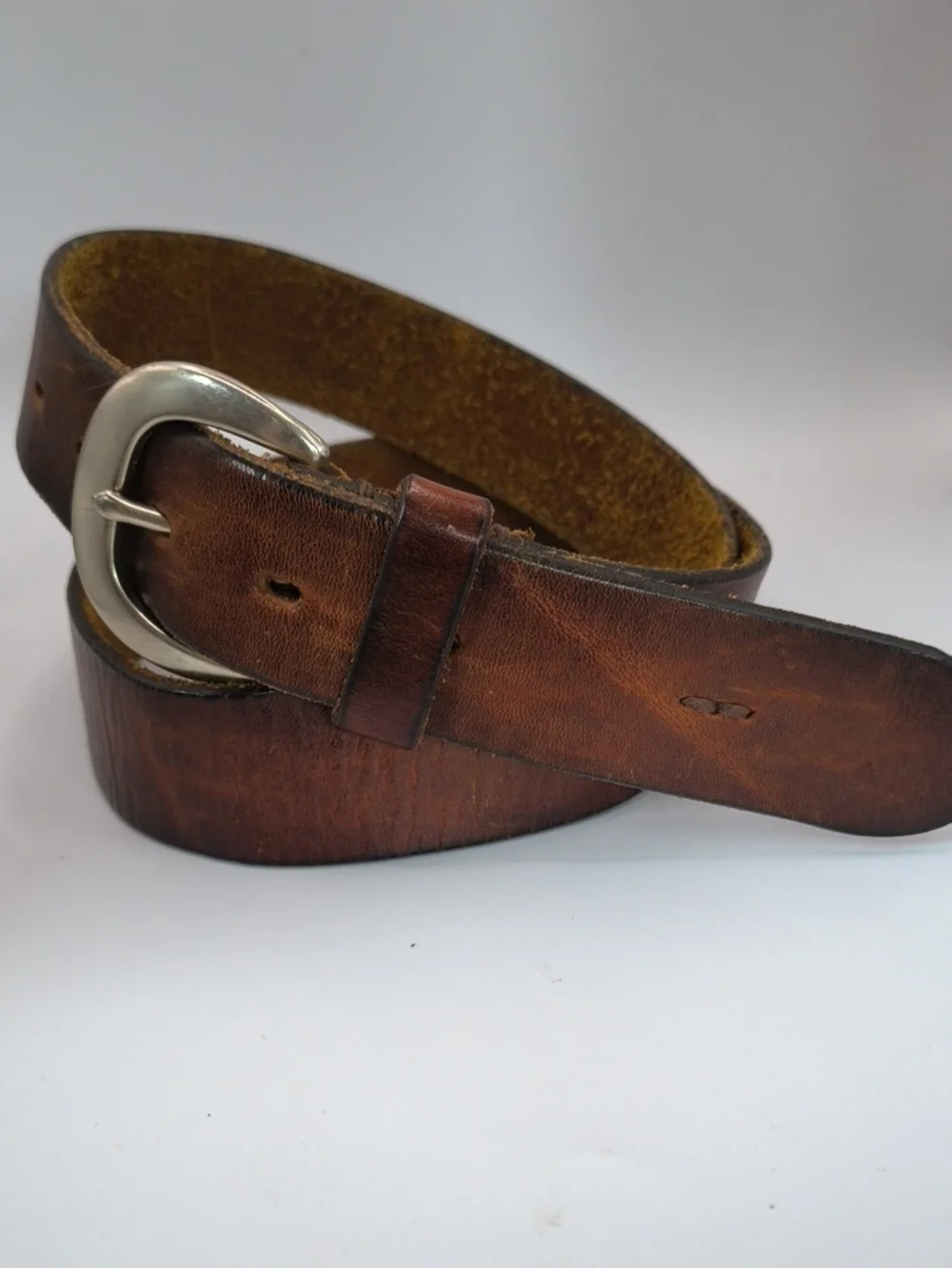VTG 90s GAP Brown Genuine Cow Leather Belt USA Silver Horseshoe Buckle Solid Bra